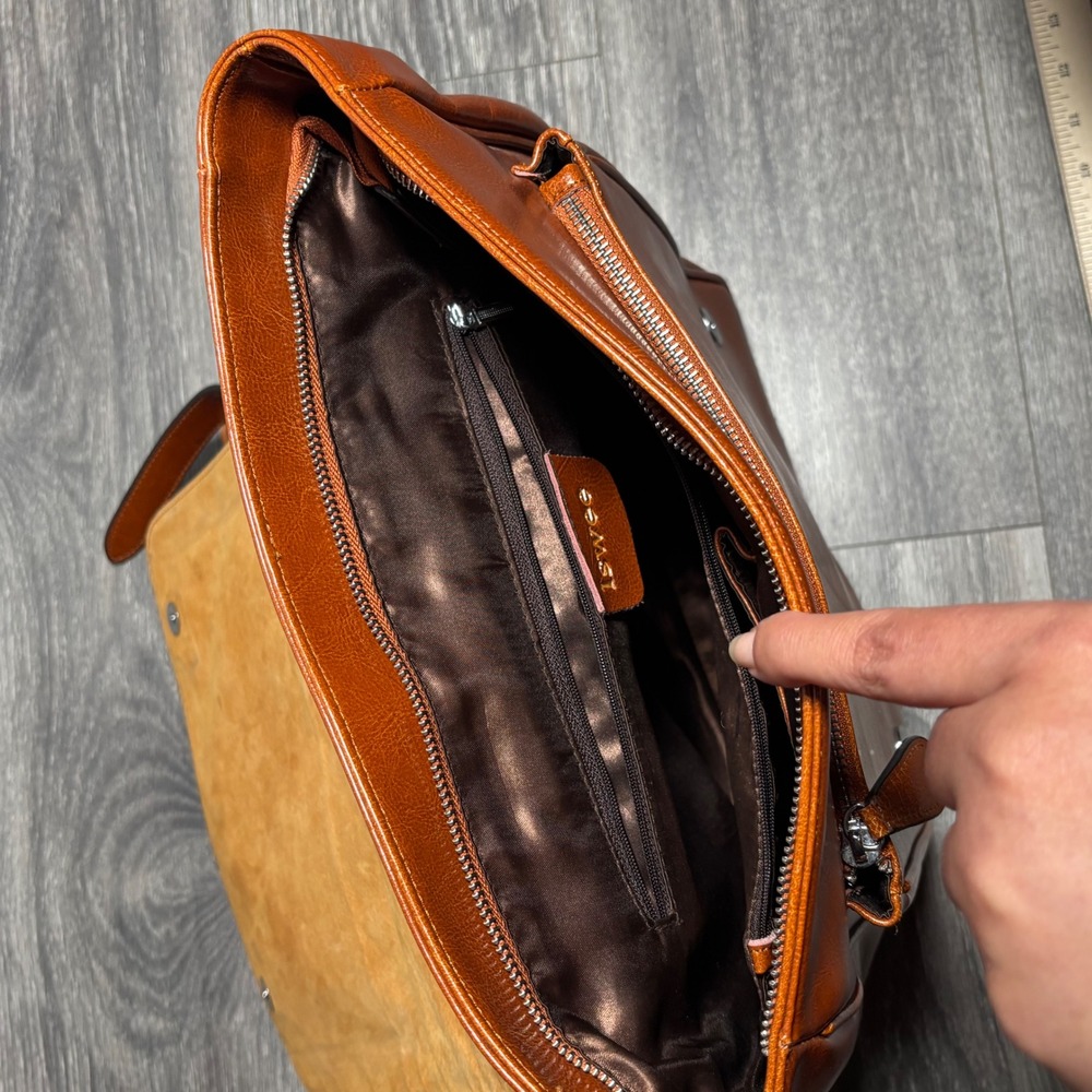 Iswee Cognac Brown Leather Laptop Backpack Unisex Flapover Satchel Bag 14 Inch - Picture 7 of 16